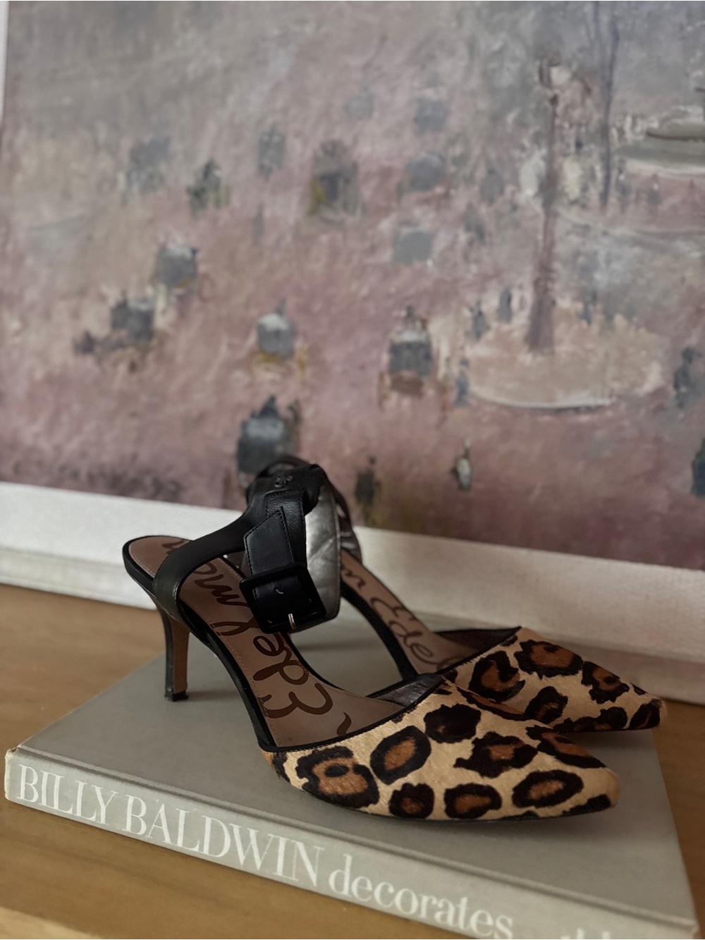 Sam Edelman Leopard Print Pointed-Toe Heels with Black Strap - Size 9